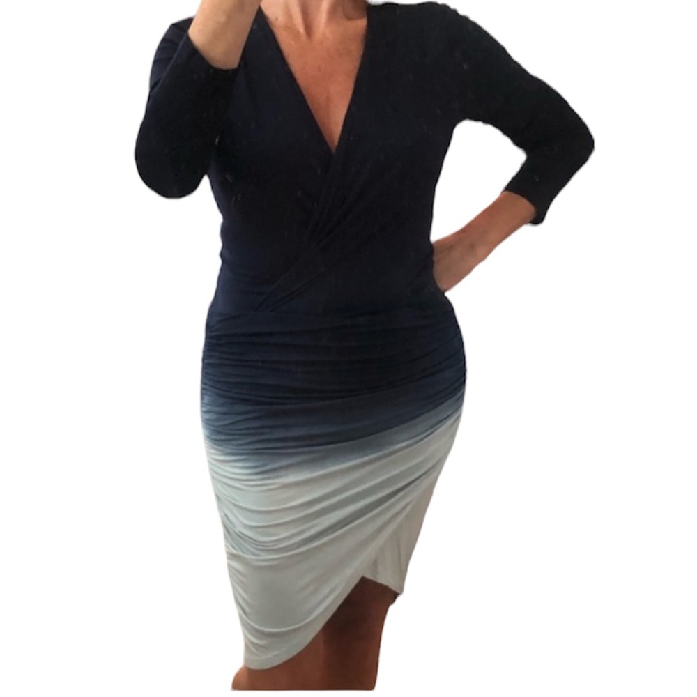 YOUNG FABULOUS & BROKE Babe Dip Dye Long Sleeve Draped Fitted Ombré Dress Blue S